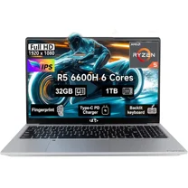 15.6" Windows11 Gaming Laptop Computer AMD Ryzen 5 6600H 32GB DDR5 RAM 1TB SSD 660M 6nm GPU-Computer with 100W Type-C Backlit Keyboard Fingerprint for Business and Student Silvery