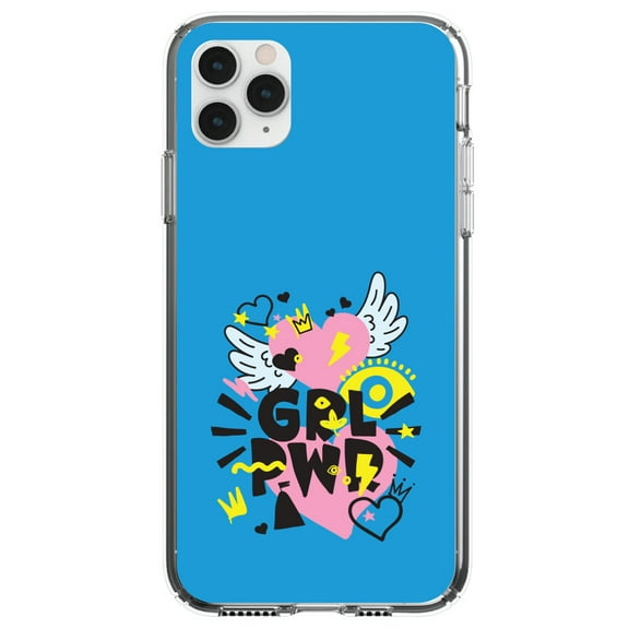 DistinctInk Clear Shockproof Hybrid Case for iPhone 12 MINI (5.4" Screen) - TPU Bumper, Acrylic Back, Tempered Glass Screen Protector - Girl Power - GRL PWR - Pink, Blue, Yellow