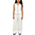 thumbnail image 2 of Pounoo Girls Two Piece Outfits V Neck Button Down Vest High Waist Wide Leg Pants Formal Dressy Suit Set for Party Performance School (Ages 6-12), 2 of 6
