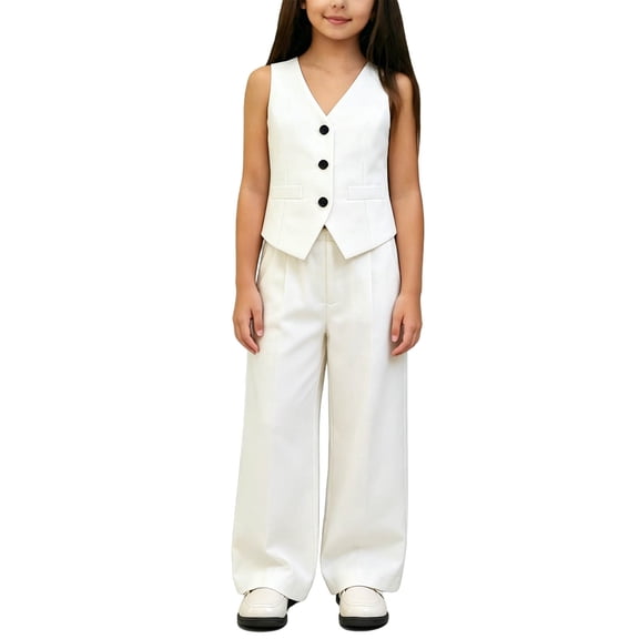 Fesfesfes Girls Fashion Two Piece Set Sleeveless Top with High Waist Wide Leg Pants Casual Outfit for Kids Summer Solid Color Matching Suit Cinched Waist