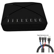 USB Charger, 8-Port Desktop Charging Station, Multi-Port USB Charger, USB Wall Charger,with 3 in 1 Charging Cable,for iPhone/Samsung Galaxy/Android Phones,EUplug