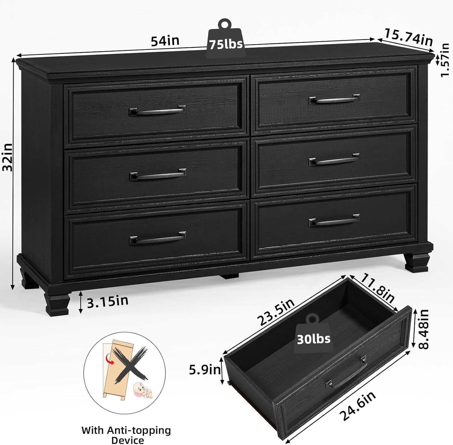 LELELINKY 6 Drawer Dresser for Bedroom, Chest of Drawers Wood Storage Cabinet for Living Room, Black