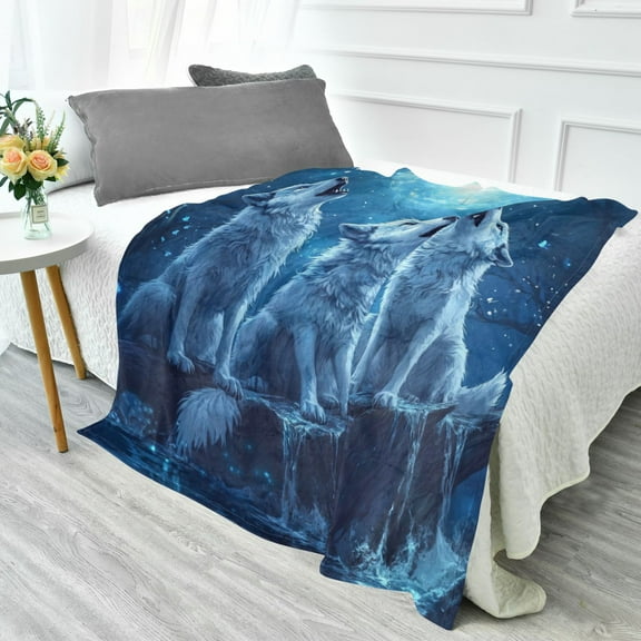 70x55 Inches Glow in The Dark Blanket Cozy Throw Camping Blankets for Home and Outdoor Use Three Blue Wolves