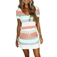 thumbnail image 1 of Femmes Été Robe Stripe Épissage Sling Robe V Cou Spaghetti Sangle Cordon Ceinture Robes avec Poches Bleu Clair Rose Gris XXL, 1 of 7