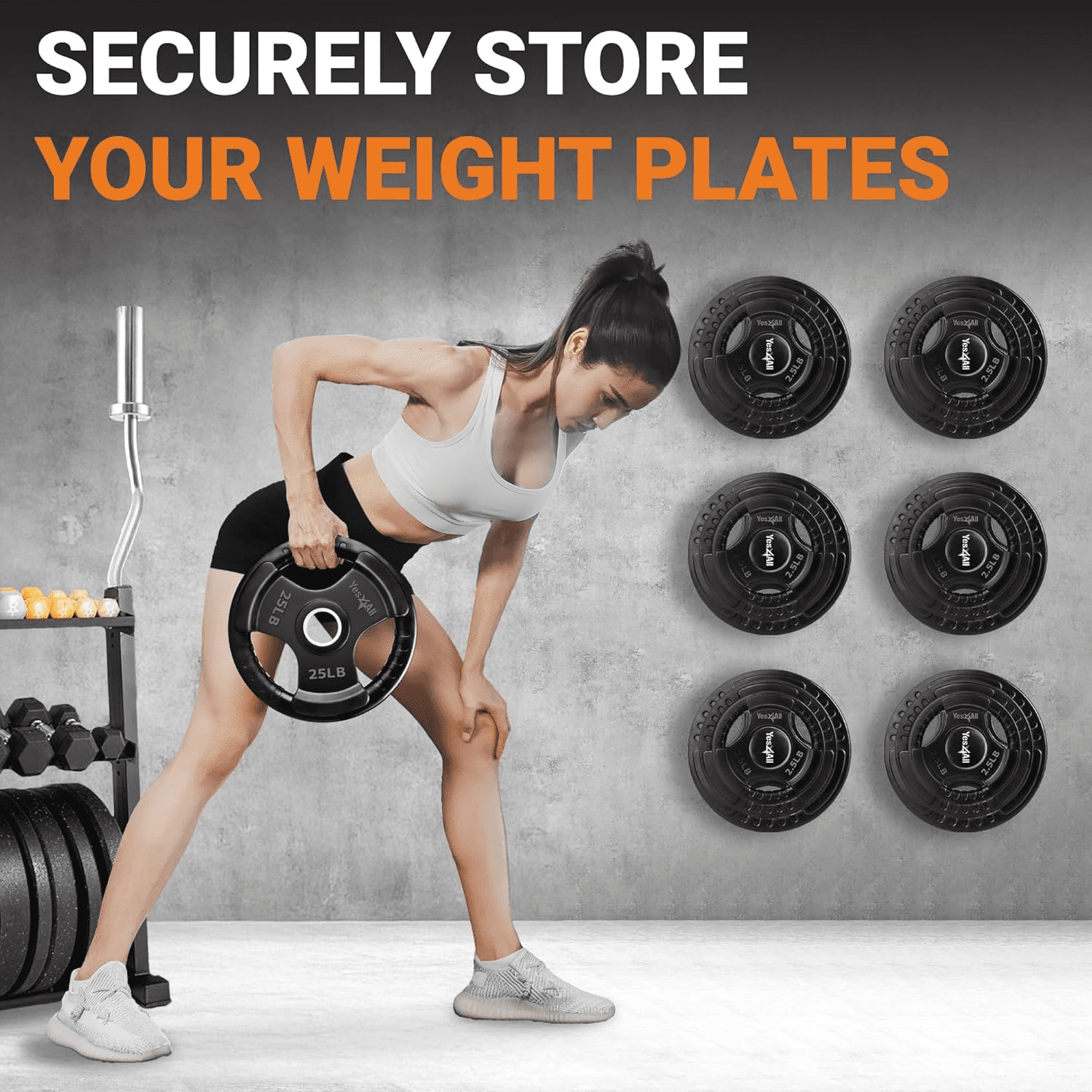 Yes4All Wall Mounted Weight Plate Holder - Fit 2inch Olympic Weight Plates, Protective Rubber Pad - 4 PCS
