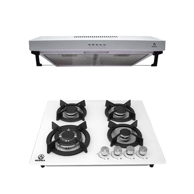 Combo Parrilla gas SUPRA 4 quemadores y campana de pared LODI color blanco de vidrio y acero inoxidable