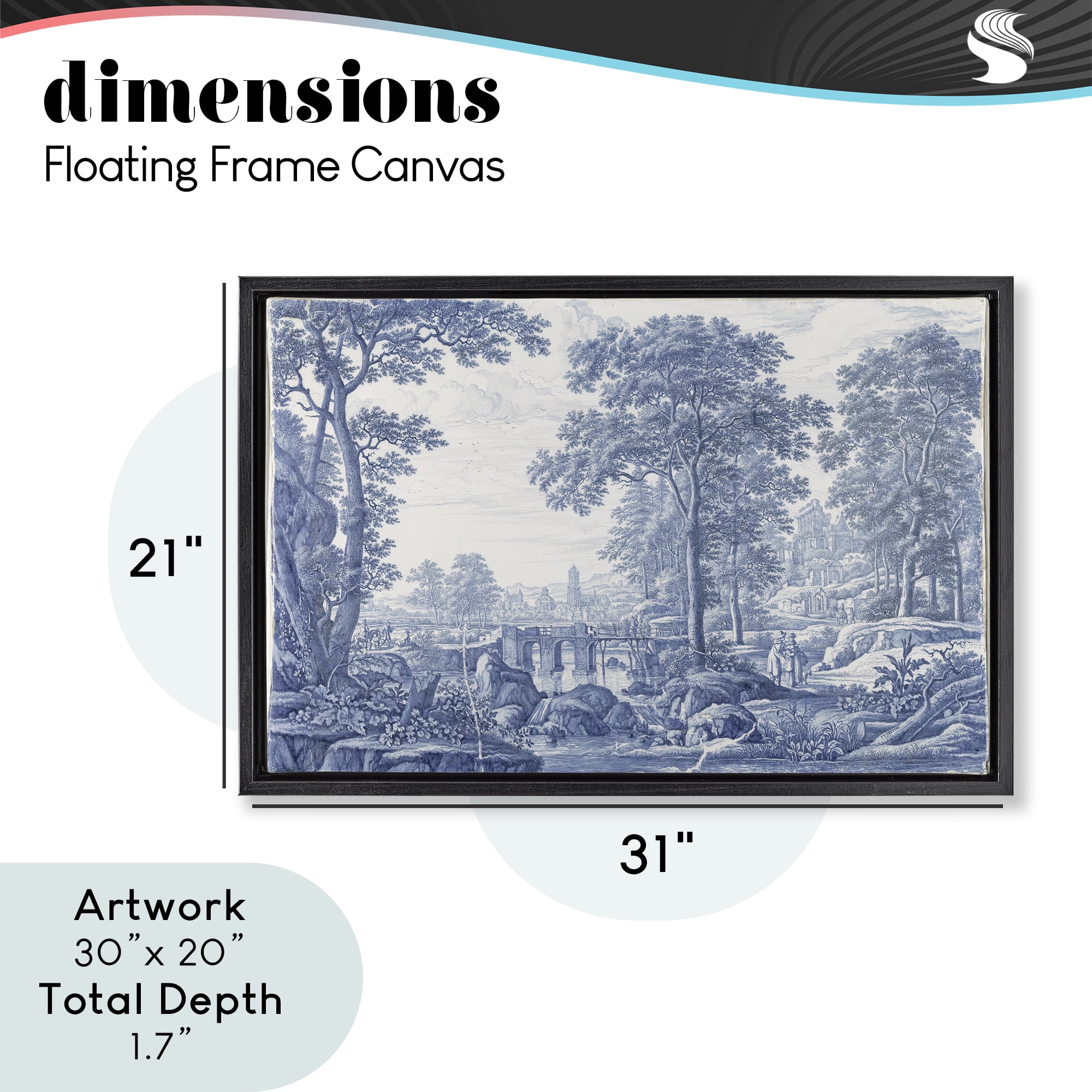 Vintage Blue Tinted Toile Black Framed Floater Canvas Wall Art, design by Vintage Hustle