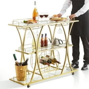 SKYSHALO 3 Tiers Bar Cart Gold with Lockable Wheels,Wine Rack Glass Holder 180 lbs Metal Bar Serving Cart for Home Kitchen Dining and Living Room