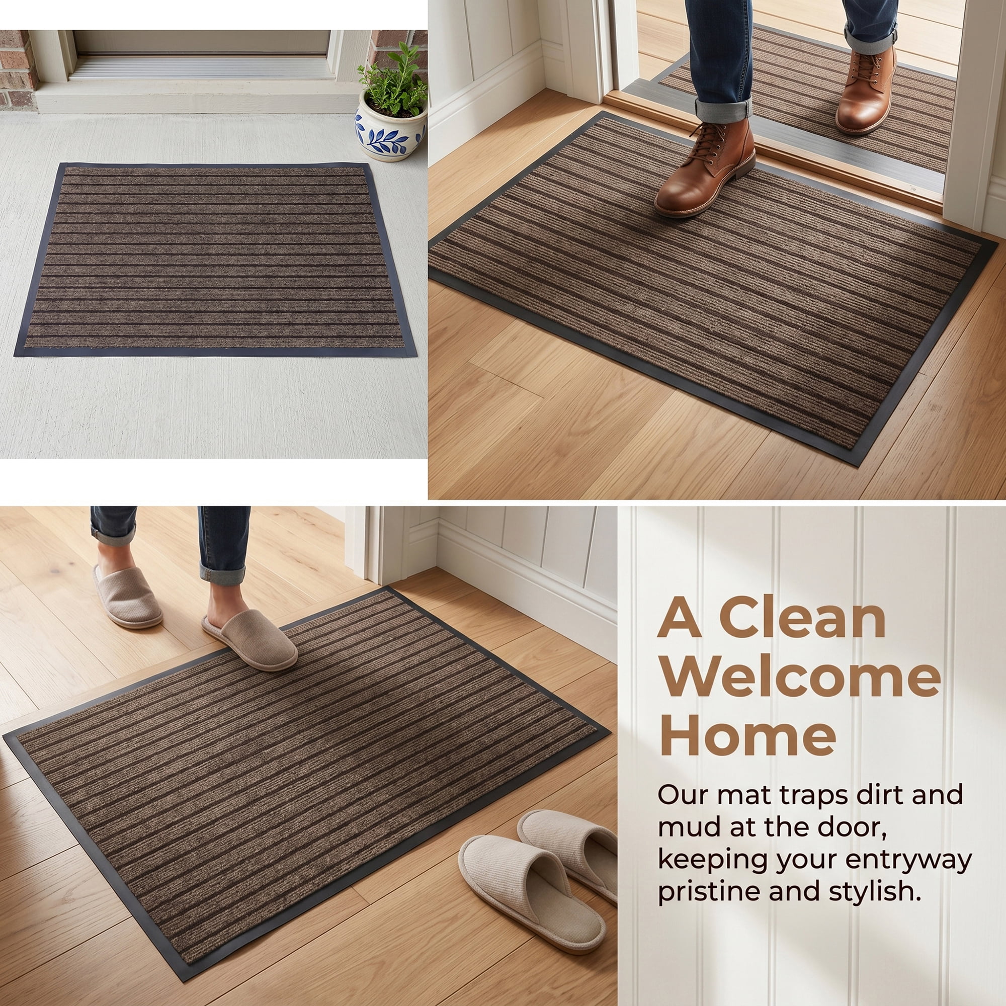 Unique Bargains Waterproof Non-Slip Ribbed Scraper Welcome Front Door Mat Brown 32" x 20"