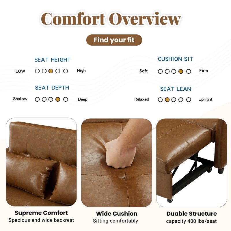 PU Leather Convertible Sleeper Sofa Bed, Adjustable Oversized Chaise Lounge Loveseat Couch with 3 USB Charging Ports