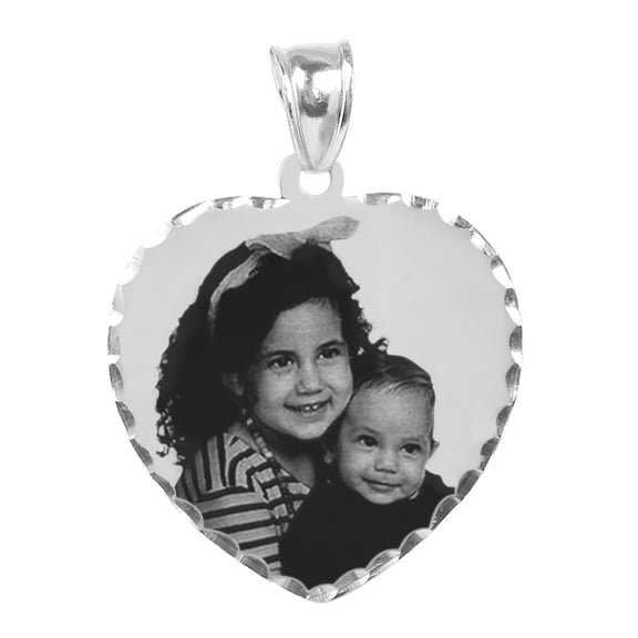 Personalized Black and White Photo Heart Shaped Charm with Diamond Cut Border