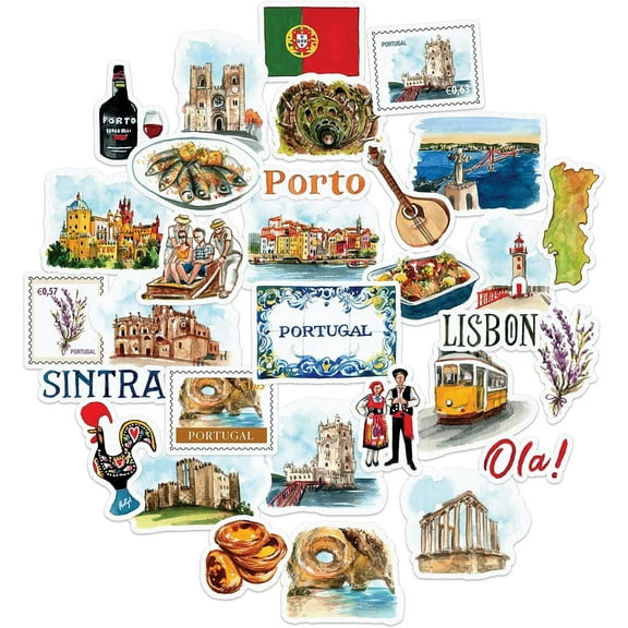Navy Peony Picturesque Portugal Travel Stickers (31pcs)-Watercolor, Waterproof Decals for Scrapbooks