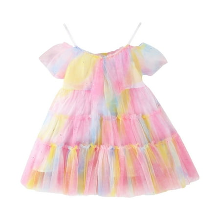 

JDEFEG Overall Dresses for Girls Toddler Girls Sleeveless Tie Dye Princess Dress Dance Party Ruffles Dresses Clothes Girls Dress Denim Pink 130