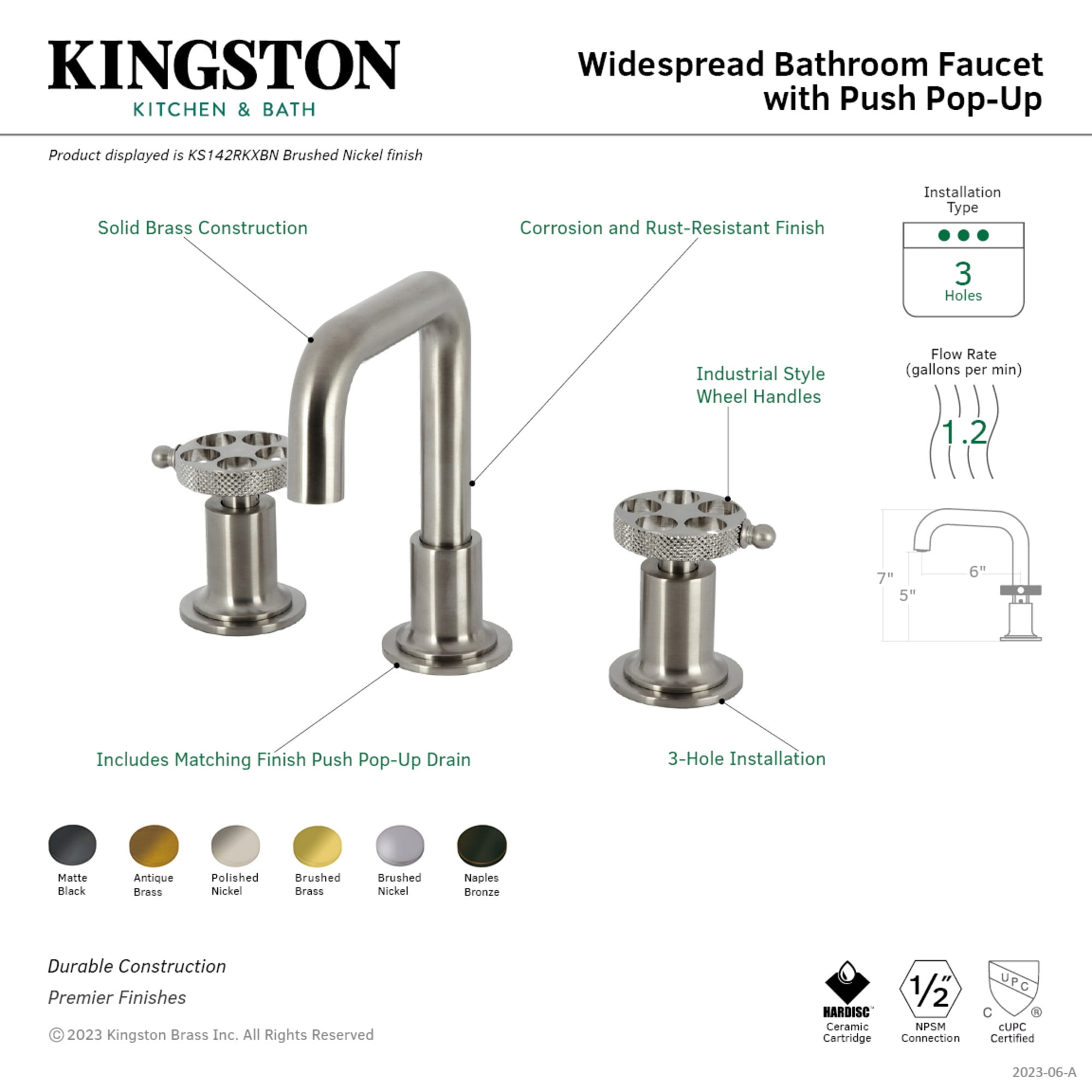 Kingston Brass KS142RKXBN Webb Widespread Bathroom Faucet with Knurled Handle and Push Pop-Up Drain, Brushed Nickel