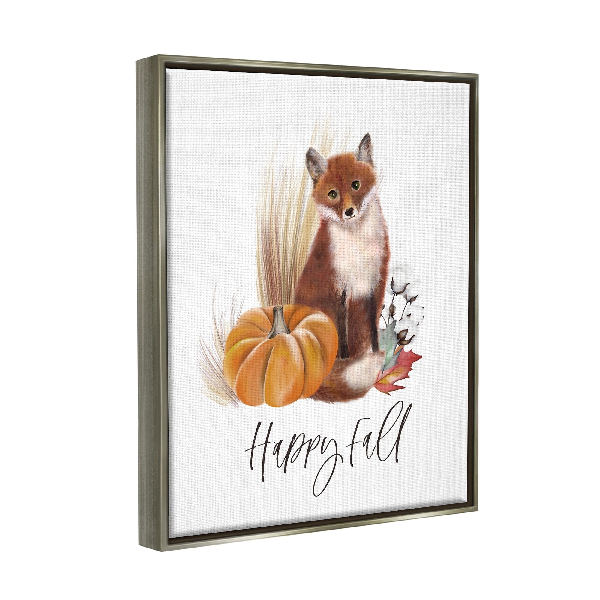 Stupell Industries Happy Fall Scenic Autumn Fox Pumpkin Botanicals Graphic Art Luster Gray Floating Framed Canvas Print Wall Art, Design by Studio Q
