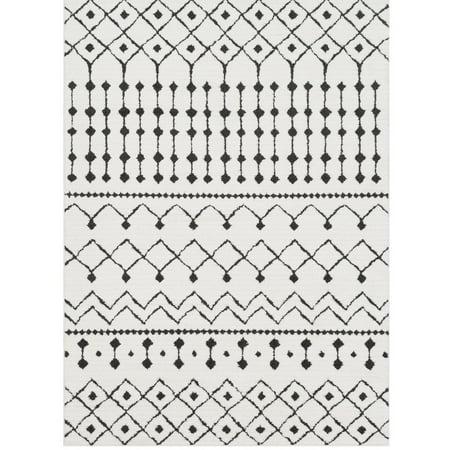 6'7" Moroccan Bohemian Design White and Black Square Machine Woven Area Rug