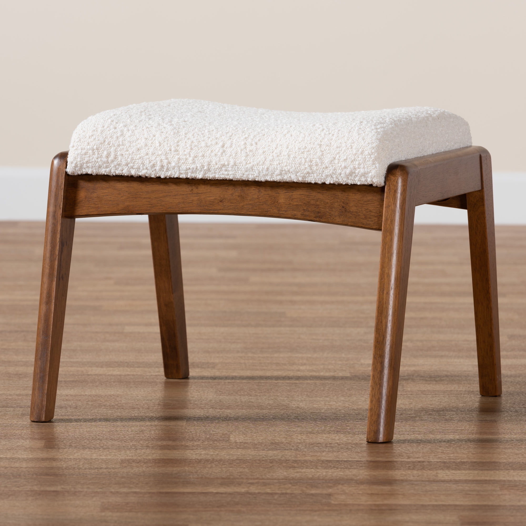 Baxton Studio Roxy Mid-Century Modern Off-White Boucle Upholstered and Walnut Brown Finished Wood Ottoman Footstool