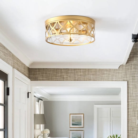 13.77" Gold Flush Mount Ceiling Light with Seeded Glass Shade, 2-Light Modern Farmhouse Drum Lighting Fixture for Hallway, Bedroom, Bathroom, Kitchen