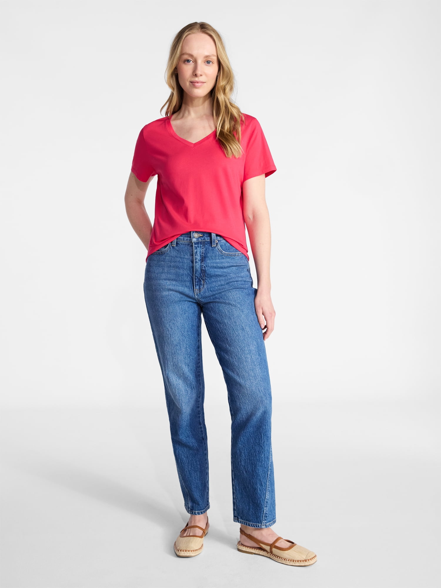 Time and Tru Women's Cotton V-Neck Tee with Short Sleeves, Sizes XS-4X