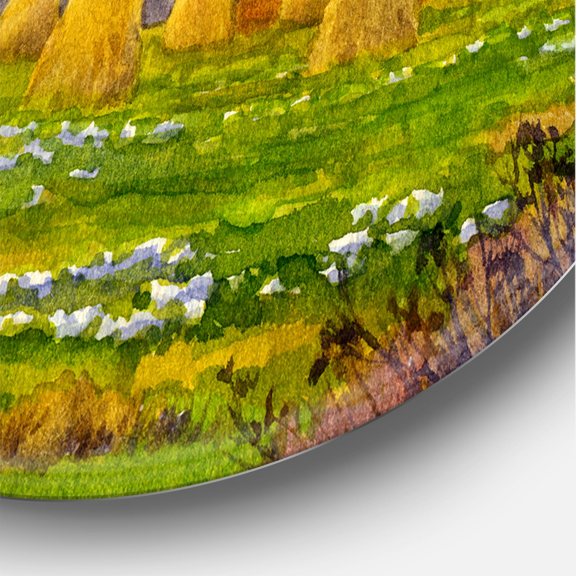 Designart 'Orange Fields With Haystacks II' Lake House Circle Metal Wall Art 11x11 - Disc of 11