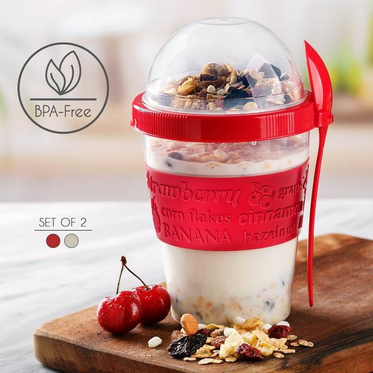 CRYSTALIA Yogurt Parfait Cups with Lids, Breakfast On the Go Plastic Bowls  with Topping Cereal Oatmeal or Fruit Container, Snack Cup and Spoon for