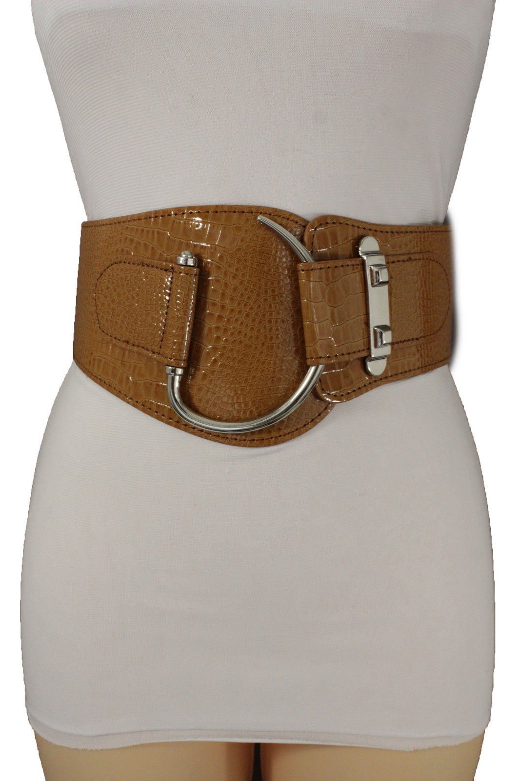 Women Hip Waist Silver Metal Hooks Buckle Wide Brown Corset Belt Plus L XL XXL 