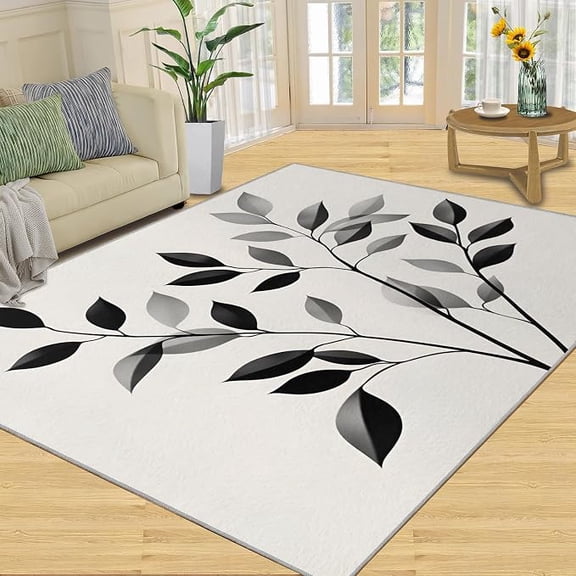 Leaves Rug & Home Decor, Nordic Leaves Rugs for Living Room Bedroom, Black & Gray Carpet, Washable Non Slip Soft Low Pile Indoor Area Rugs & Room Decor 2 x 3ft