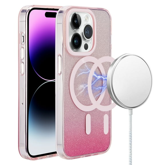 Designed for Apple iPhone 15 Pro Max (6.7") Stylish IMD Design Pattern [Magnetic Circle Compatible with MagSafe] Hybrid Slim PC Shockproof Phone Case Cover [Gradient Pink Glitter]