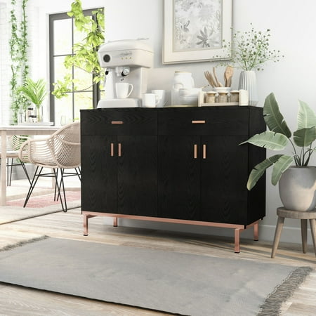 Furniture of America Mason Modern 2-drawer Closed Storage Buffet with Wine Rack Rose Gold Black Finish Gold Finish Wood Finish