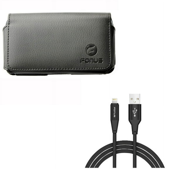 10ft USB Cable w Case Belt Clip for iPhone 8/7/6S/6 - Charger Cord Power Wire Braided Long, Leather Swivel Holster Loops Cover for iPhone 8/7/6S/6 Models