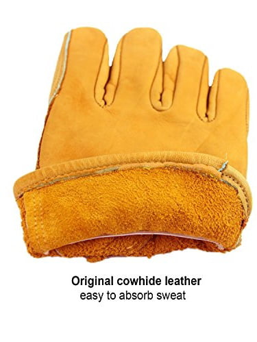 OZERO 3 Pair Flex Grip Leather Working Gloves Stretchable Tough Cowhide Work Glove Gold, Medium 