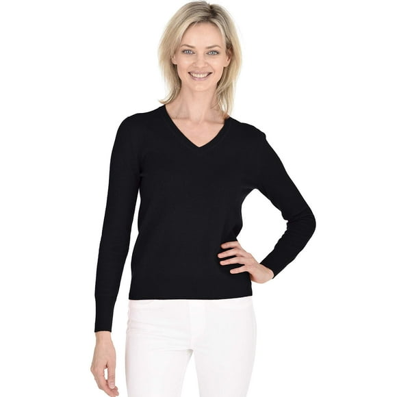 Cashmeren Women’s Essential Knit V-Neck Sweater 100% Merino Wool Long Sleeve Classic Pullover (Black, Medium)