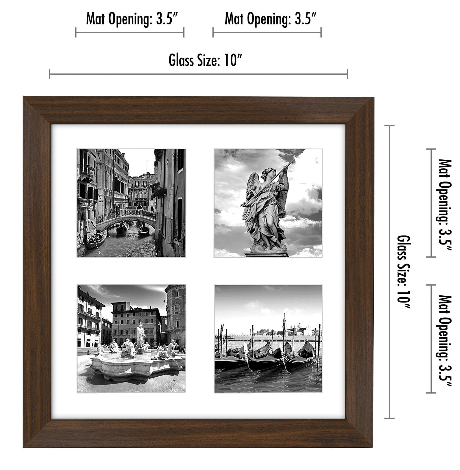 10x10 Collage Picture Frame in Walnut With Four 4x4 Inch Openings - Composite Wood with Shatter Resistant Glass - Horizontal and Vertical Formats for Wall