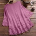 thumbnail image 4 of Womens Lace Tops 3/4 Sleeve Bow V-Neck Patchwork Blouse Embroidery Retro Plus Size Solid Summer T-Shirts Size S-5XL, 4 of 7
