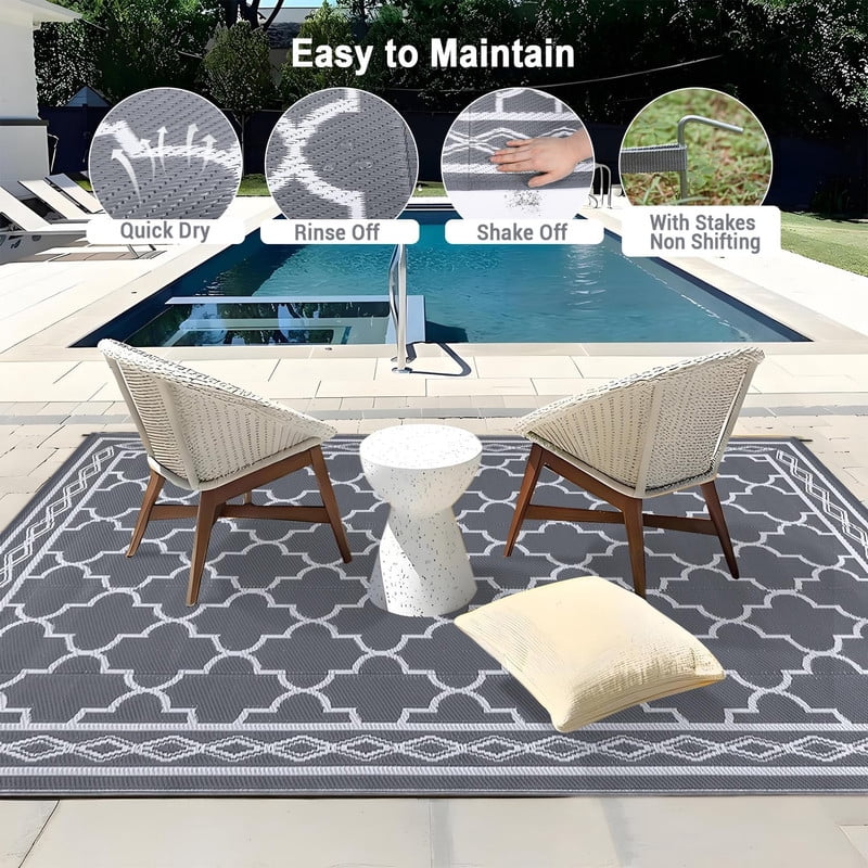 Towallmark 10x14 Outdoor Rug Waterproof, Reversible Plastic Straw Patio Mat, Large Camping Rugs for RV Backyard Deck, All Weather Outside Carpet for Balcony Picnic, Grey&White