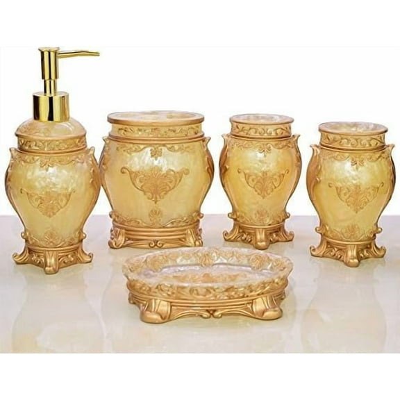 5pcs Bathroom Accessories Set, Soap Dispenser, Toothbrush Holder, Bathroom Tumbler, Soap Dish-Golden