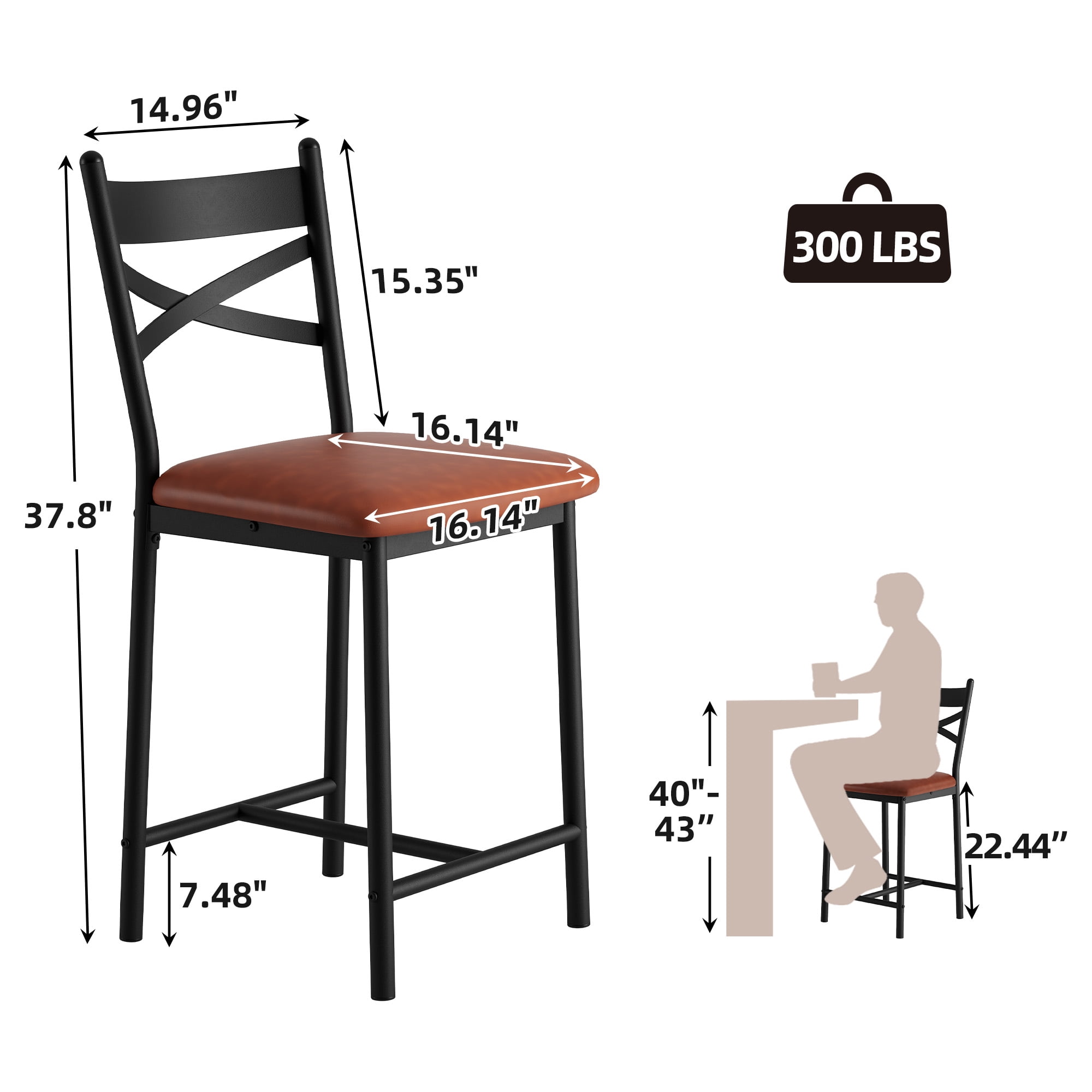Modern Bar Stool Set of 2, Upholstered Counter Height Bar Chairs with X-Back, Soft PU Leather, Heavy Duty Metal Frame for Kitchen Island Restaurant