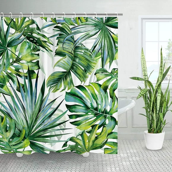 Hongchun Rideau de Douche Tropical, Rideau de Douche Vert, Rideau de Douche Plante, Rideau de Douche à Feuillage, Ensemble de Rideau de Douche Plante avec 12 Crochets, Rideau de Douche Jungle pour Rideau de Douche de
