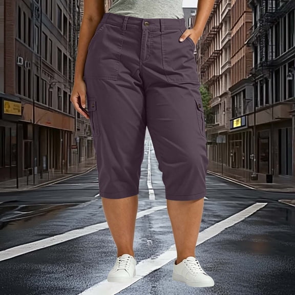 Mifsaly Capri Pants for Women Plus Size Casual Mid Rise Cargo Capris Lightweight Loose Fit Outdoor Summer Utility Cropped Trousers with Pockets Purple,XXXXXL