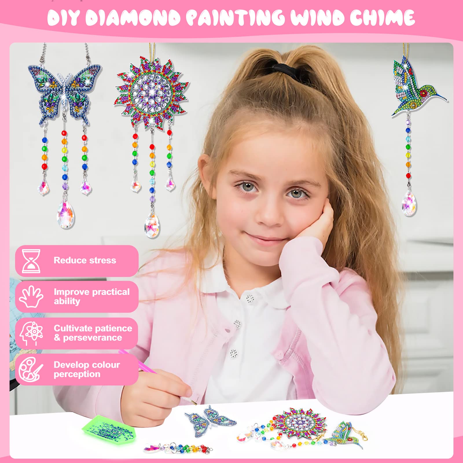 DIY Creative Diamond Painting Gift Kit for Girls Aged 6-12, 3Pcs Diamond Painting Suncatcher Wind Chimes Hanging Ornament for Garden Window and Balcony, Butterfly Sun Hummingbird