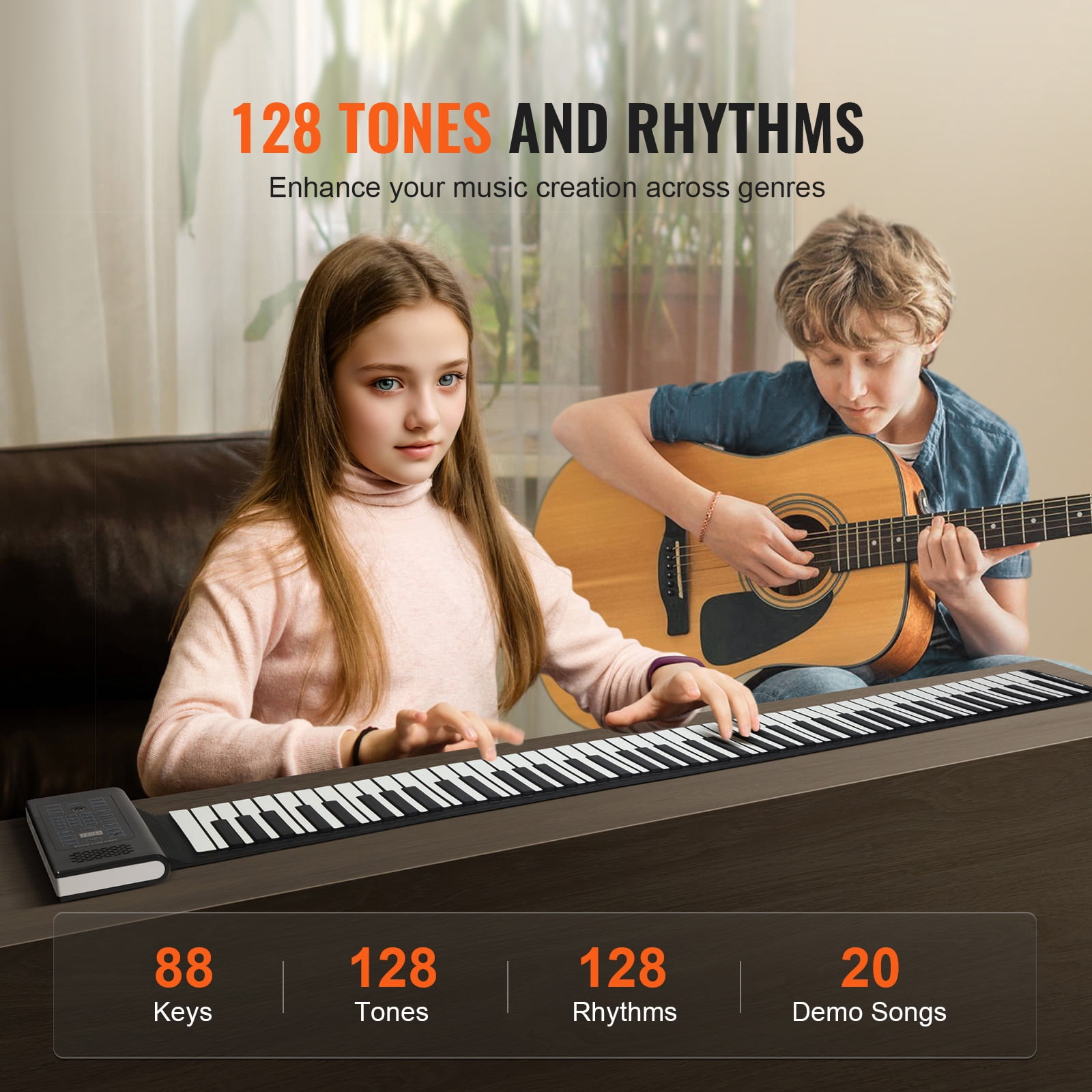 VEVOR 88 Keys Roll Up Keyboard Piano, 128 Rhythms, 128 Tones Portable Electric Digital Hand Roll Piano with Rechargeable Battery 2W Speaker LED Display 5 Ports MIDI Function, for Beginners Adults