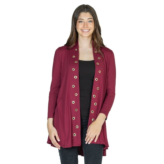 24seven Comfort Apparel Womens Long Sleeve Mid Thigh Open Front Cardigan with Grommet Details-R006386-WINE-M