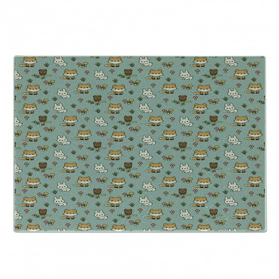 Woodsy Cutting Board, Friendly Woodland Creatures Mushrooms and Plants in Cartoon Style, Decorative Tempered Glass Cutting and Serving Board, in 3 Sizes, by Ambesonne