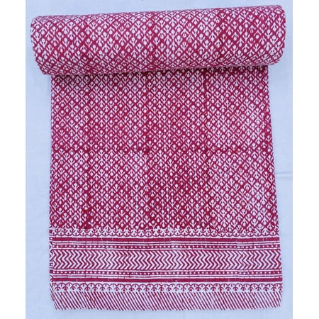 Handmade Pink Block Print Indian Kantha Quilt - Cotton Indian Bedspread Indian Kantha Blanket Boho Bedding Throw from Jaipur