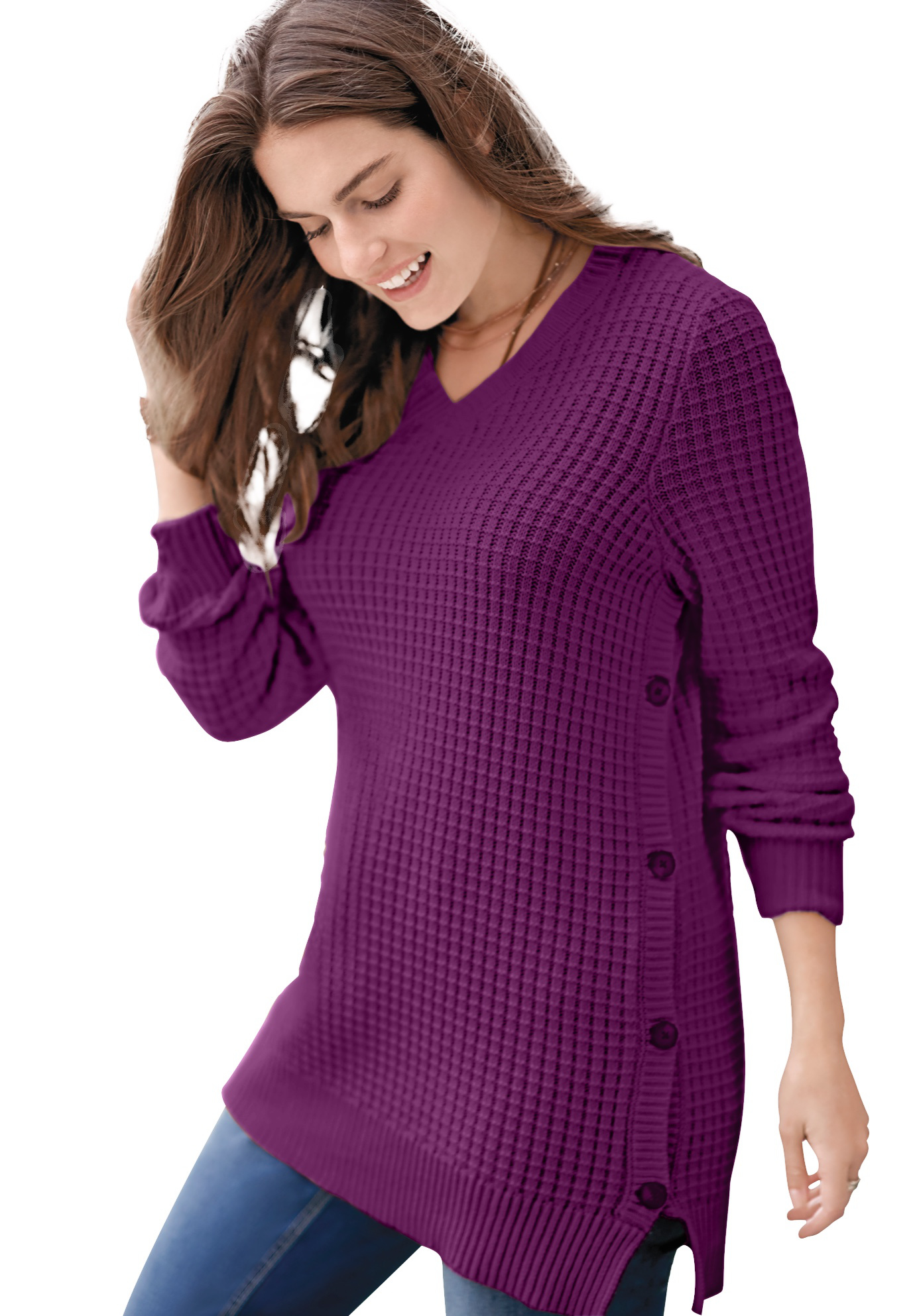 Woman Within Women's Plus Size Side Button VNeck Waffle Knit Sweater Pullover