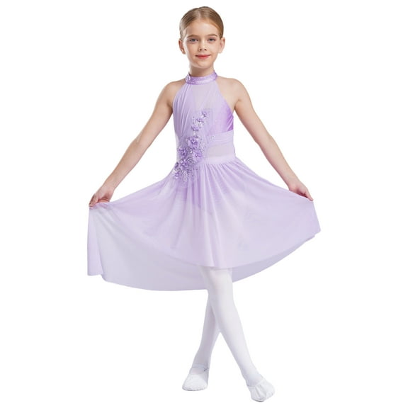 Aislor Girls Gymnastics Leotard Sequined Ballroom Lyrical Ballet Latin Jazz Dance Dress Light Purple 8