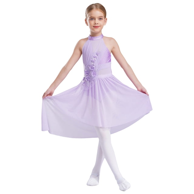 Hansber Robe de Ballet Sans Manches pour Filles, Robe de Danse de Salon Jazz Latin Violet Clair 16