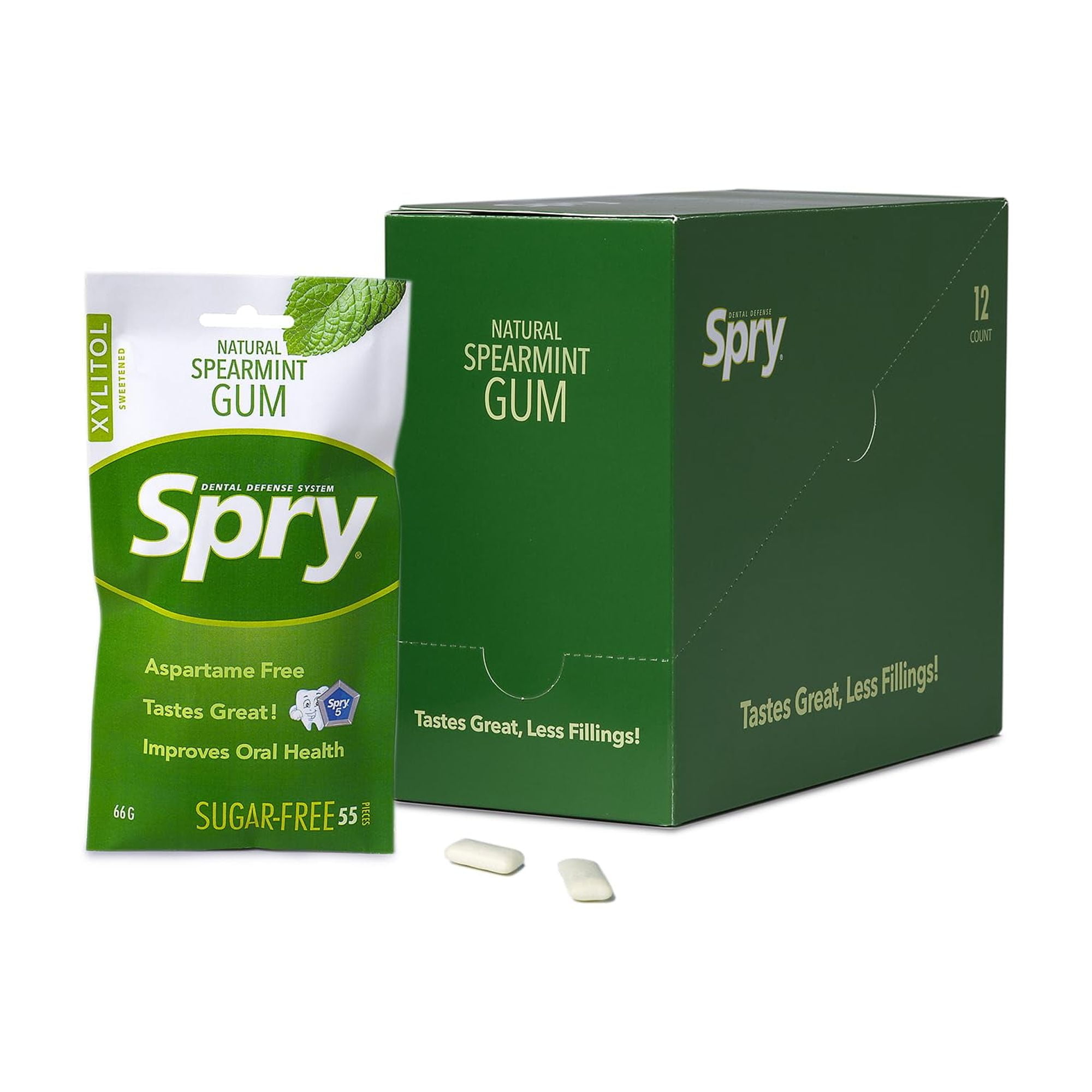 Spry On the Go Xylitol Chewing Gum, Sugar-Free, Aspartame-Free, Spearmint, 55 Count, 12 Pack