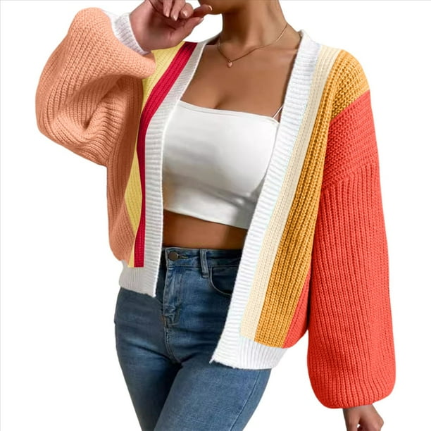 Suéter Tipo Cárdigan Corto de Punto Acanalado, de Larga, con Frente Abierto y Bloques de Color para Mujer Naranja y Rojo L