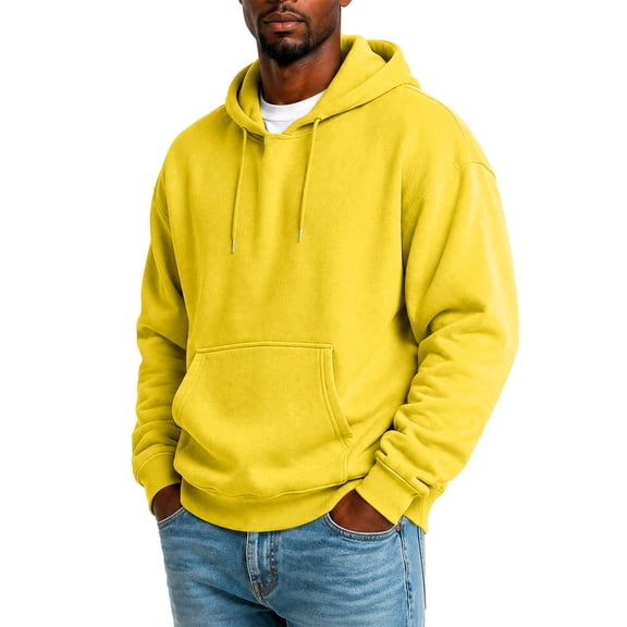Mens Solid Pullover Hoodie Long Sleeve Hooded Sweatshirt Drawstring Front Pocket Top Yellow L